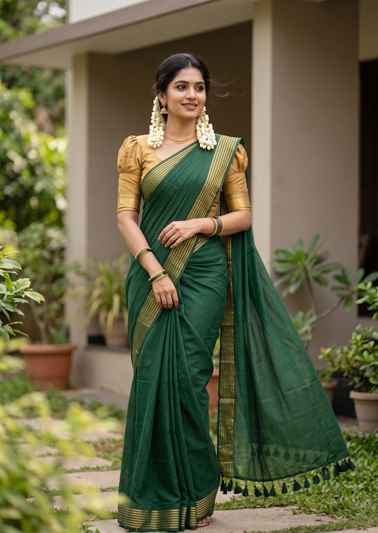 Southloom Mul Cotton 120 x 120 Soft Fabric Saree with Golden Lines Border SL215