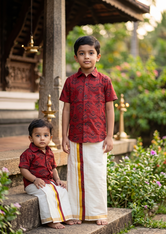Southloom Cotton Floral Printed Kids's Combo (Shirt + Velcro Mundu) SLKCOMBO