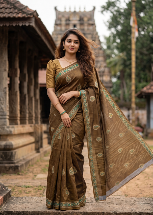 Southloom Muslin Cotton Saree With Floral Prints on the Body and Borders