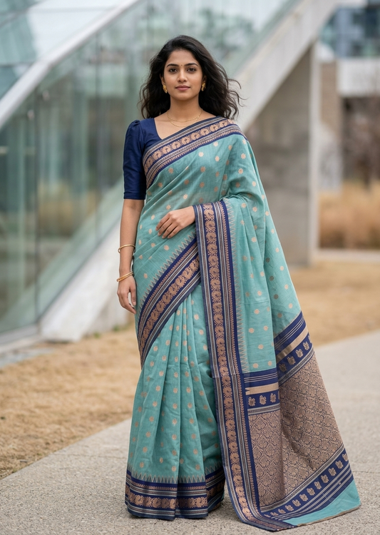 Southloom Kerala Cotton Silk With Woven Work On the Body With Turquoise Blue