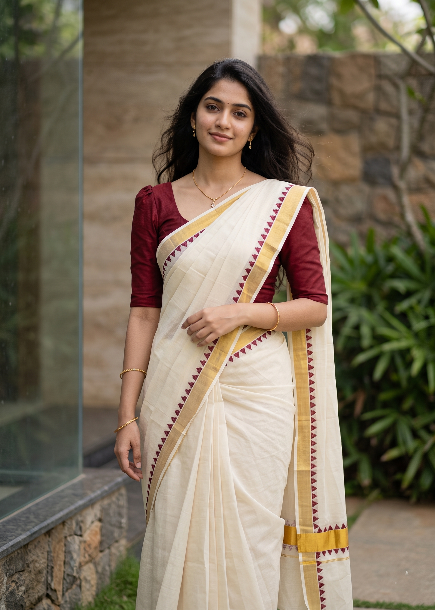 Southloom Kerala Cotton Kasavu Saree With Maroon Temple Design on Borders