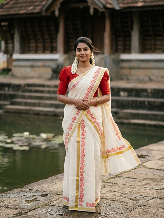 Southloom Pure Cotton Kerala Single Floral Print Set Mundu (Mundum Neriyathum) Red Border in 2.80 mtrs SL245