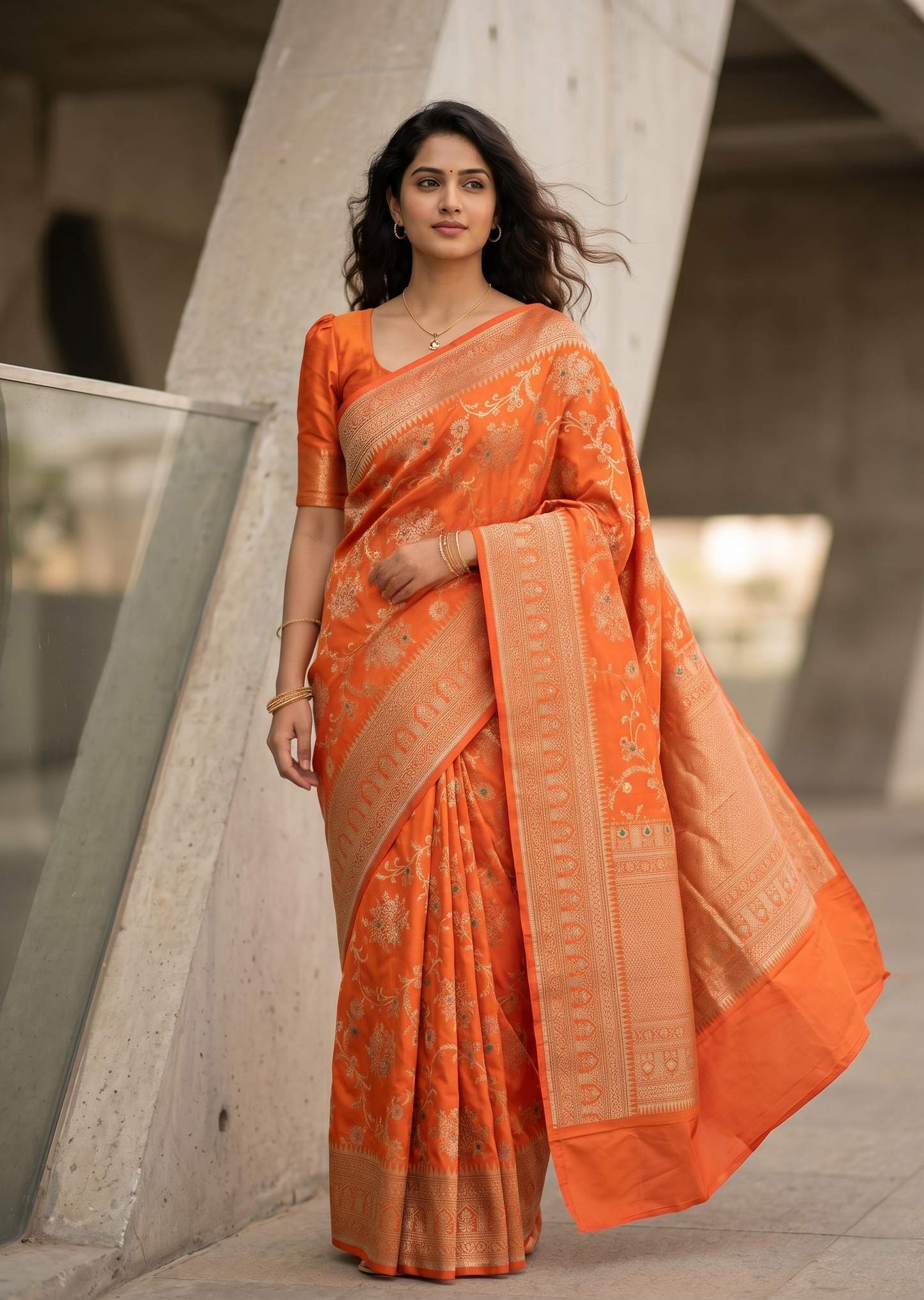 Southloom Pure Banarasi Silk Saree with Woven Work on Body and Borders (Orange)