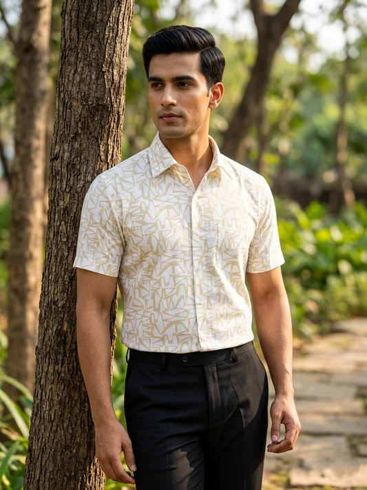 Pure Cotton Off White with Light Green Printed Shirt SLSHIRT 48 HS