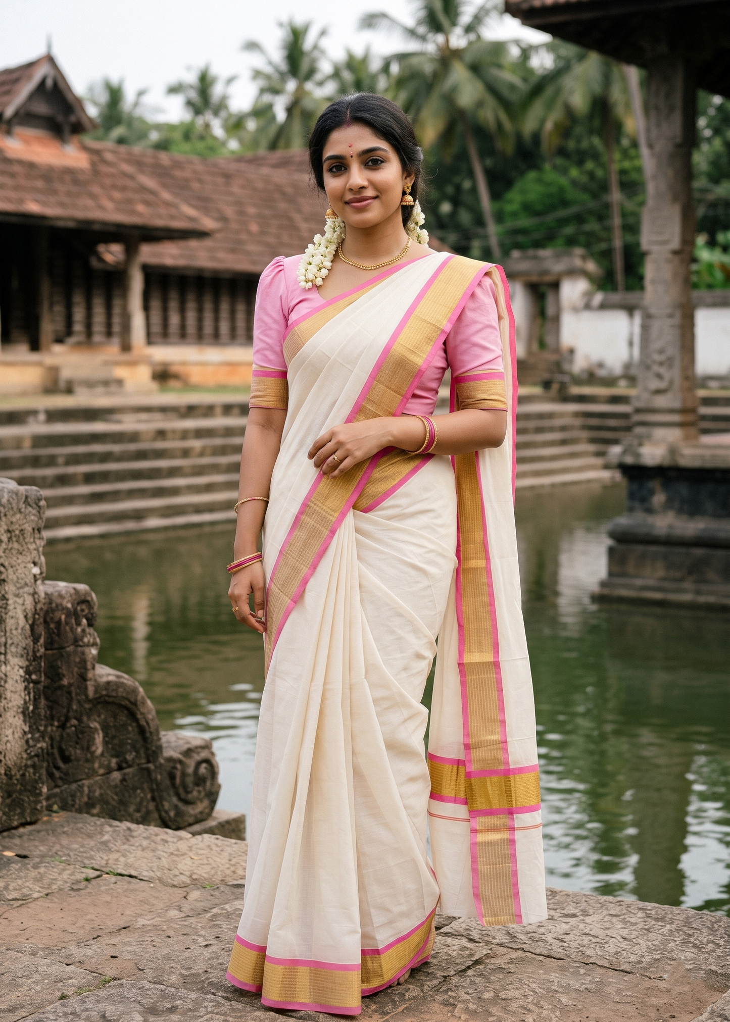 Kerala Cotton Saree With Pink And Gold Lines On Border SL430
