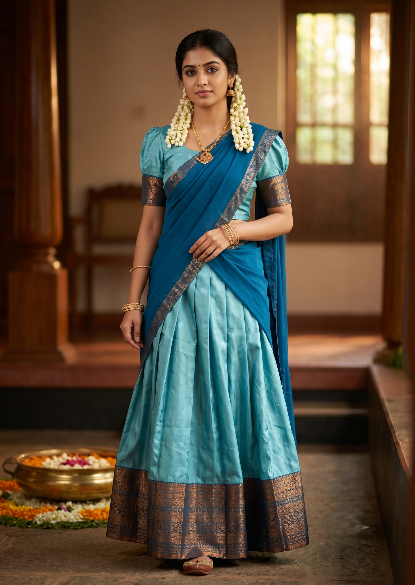 Southloom Semi Silk Dhavani Set with Pavada and Blue Blouse PieceSLDHAVANI SL542