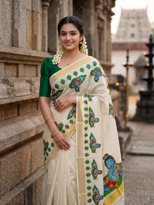 Southloom Kerala Tissue Kasavu Saree with Krishna Mural Printed Design