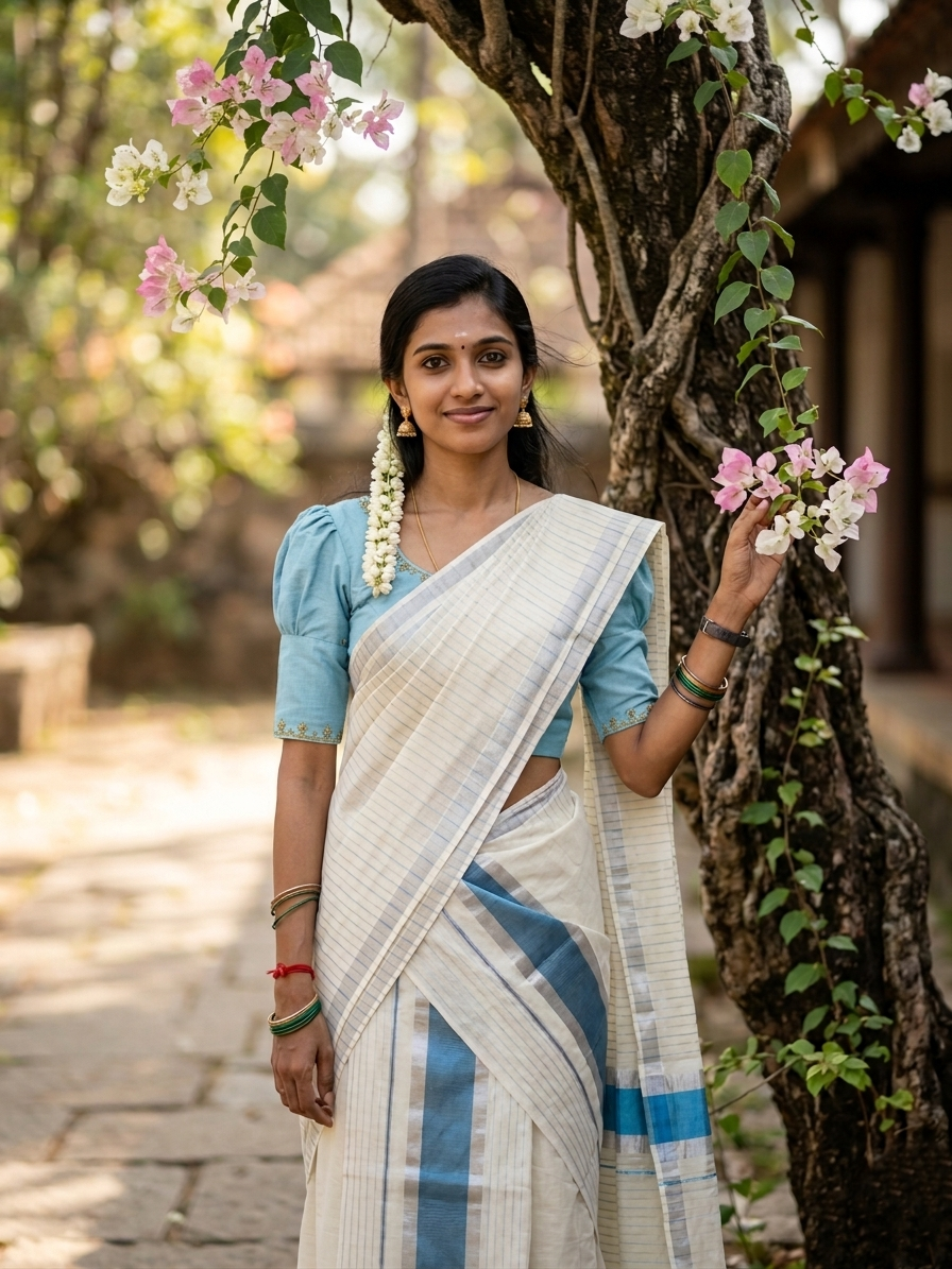 Kerala Cotton Set Mundu Single (Mundum Neriyathum) with Silver and Blue Kasavu Lines Across Body 2.80 Mtrs SLKK SL470