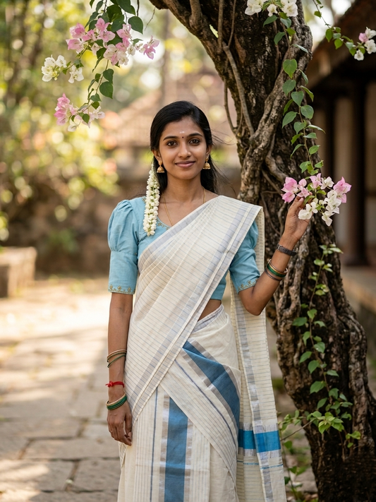 Kerala Cotton Set Mundu Single (Mundum Neriyathum) with Silver and Blue Kasavu Lines Across Body 2.80 Mtrs