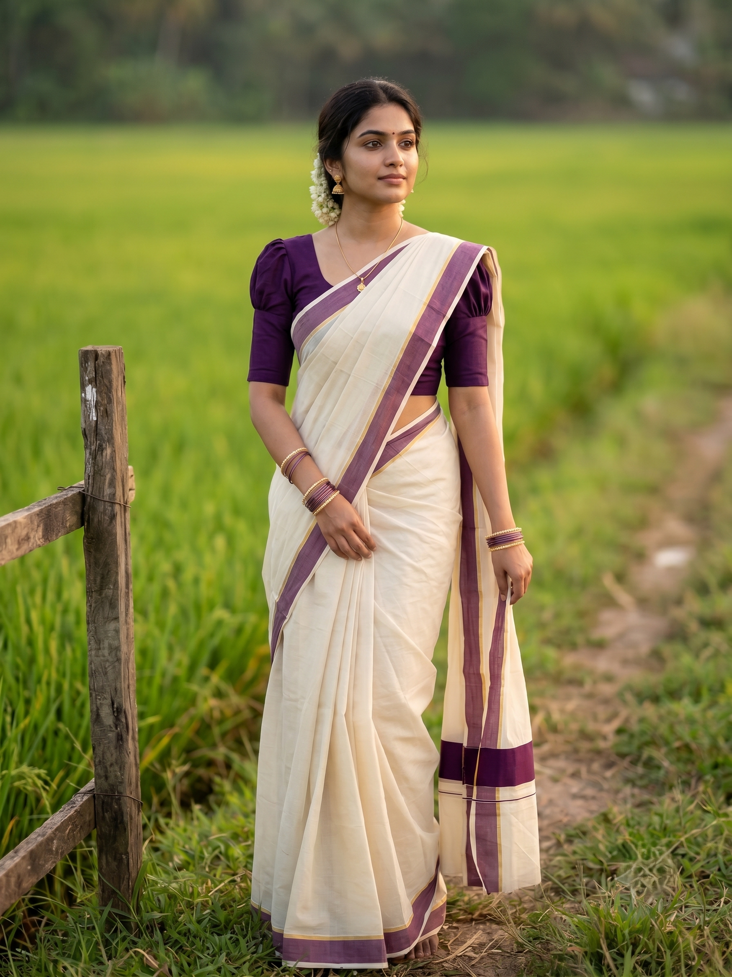 Southloom Kerala Pure Cotton Plain Kasavu Saree with Purple Border 3 inch