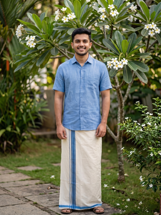 Southloom Pure Cotton Double Mundu With White Lines & Blue Border (South Indian Kerala Dhoti)