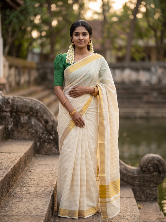 Southloom Pure Cotton Kerala Check Kasavu Saree
