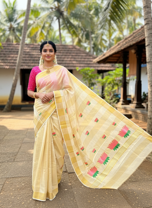 Southloom Lotus Baby Pink and Green Embroidery Check Tissue Saree