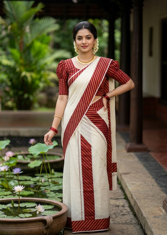 Southloom Pure Cotton Single Set Mundu (Mundum Neriyathum) With Red Border 2.80 Mtrs