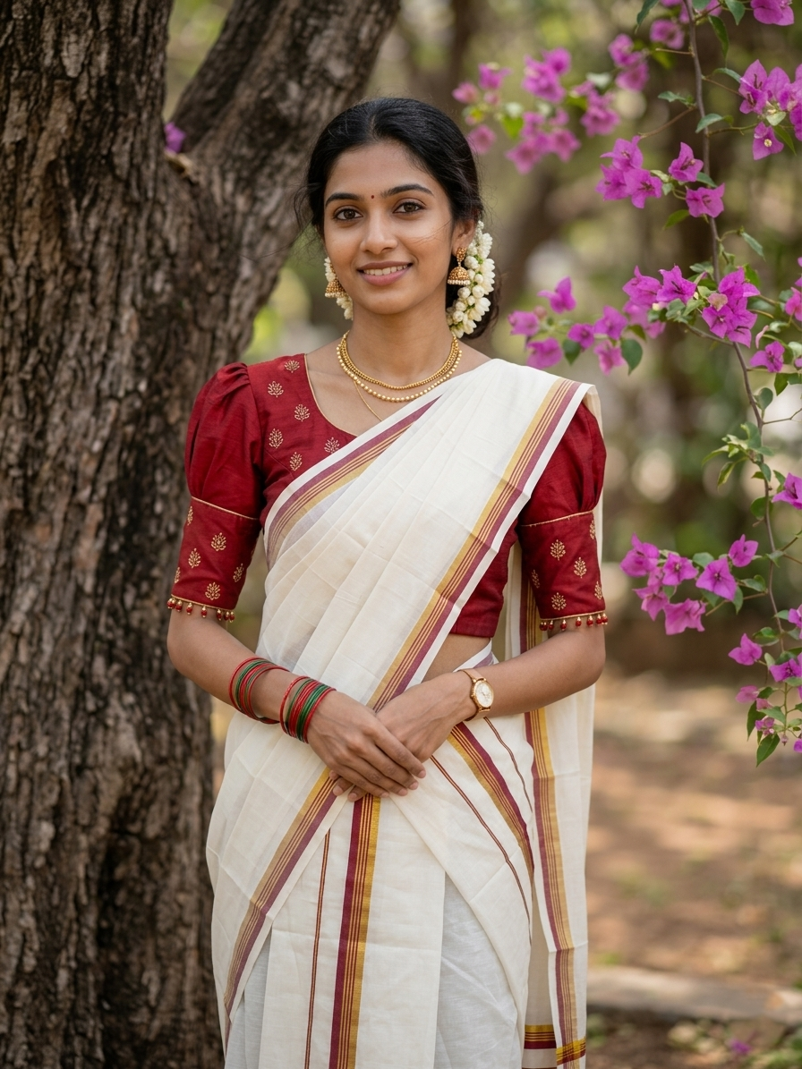 Pure Cotton Kerala Single Set Mundu (Mundum Neriyathum) with Red Kasavu Border in 2.80 Mtrs
