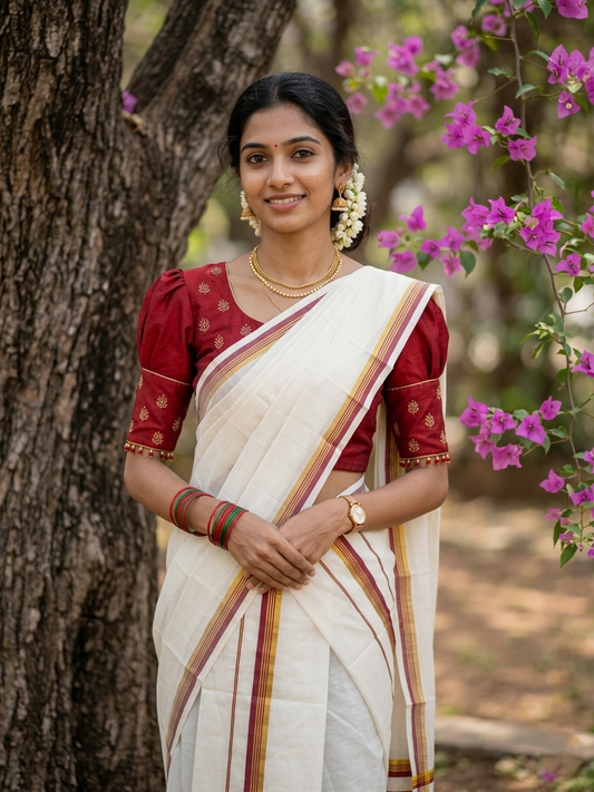 Pure Cotton Kerala Single Set Mundu (Mundum Neriyathum) with Red Kasavu Border in 2.80 Mtrs SL394