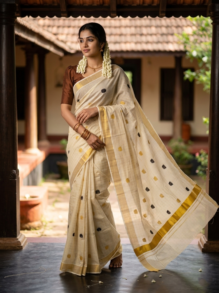 Southloom Kerala Tissue Kasavu Check Saree with Brown Lotus Embroidery Works