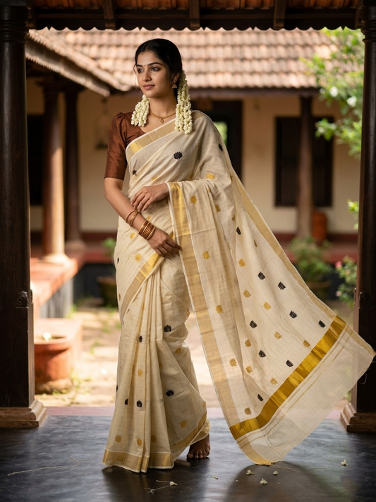 Southloom Kerala Tissue Kasavu Check Saree with Brown Lotus Embroidery Works
