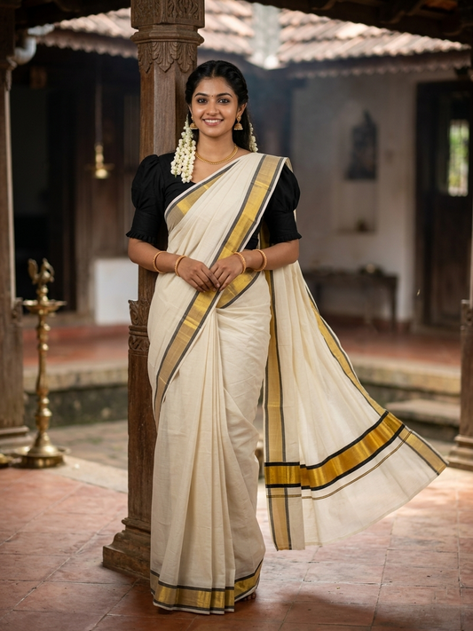 Kerala Pure Cotton Plain Saree with Kasavu and Black Border
