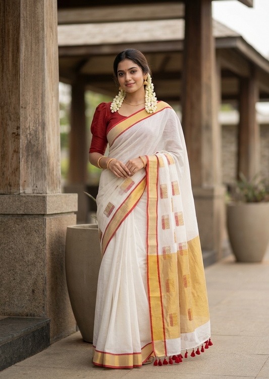 Southloom Mul Cotton 120 x 120 Soft Fabric Saree In Lotus Design on Body with Gold& Red in Border SL215