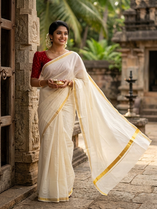 Southloom Pure Cotton Kerala Saree with 1 inch Gold Kasavu Border