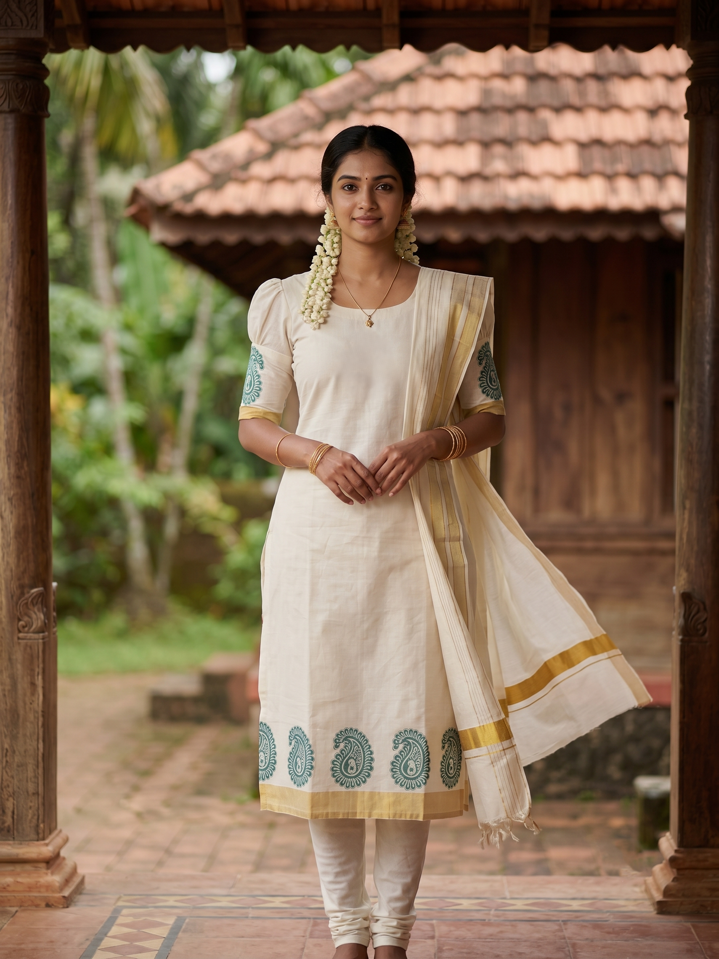 Southloom™ Cotton Churidar Salwar Suit Material with Green Woven Work (include Lines Shawl / Dupatta)
