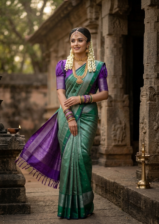 Southloom Pure Handloom Bridal Kanchipuram Silk Saree with Korvai Work (Green & Violet)
