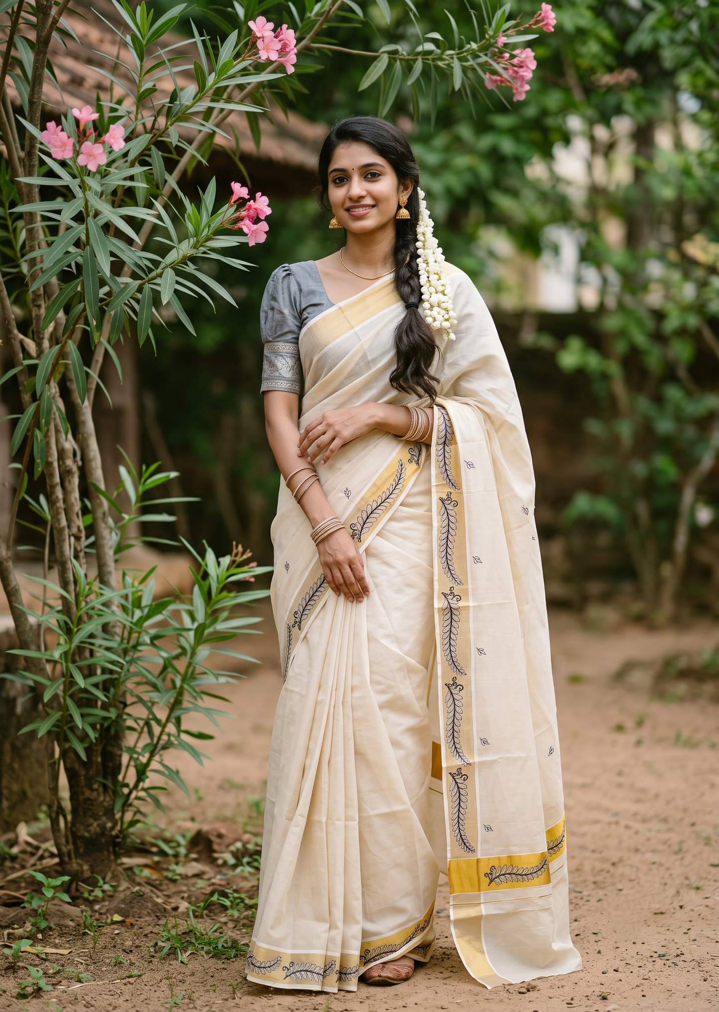 Southloom Tissue Kerala Kasavu Saree with Floral Embroidery Design On Border