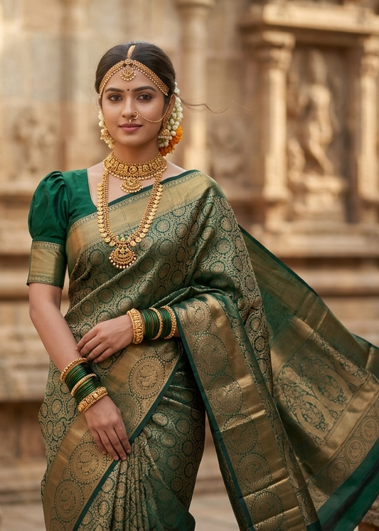 Southloom Pure Handloom Bridal Kanchipuram Silk Saree with Korvai Work (Green)
