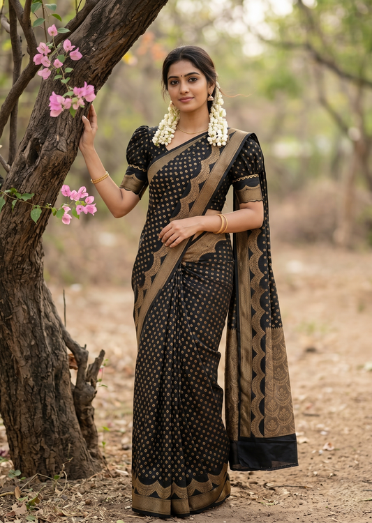 Southloom Munga Silk Saree with Woven Work on Body and Borders (Black)