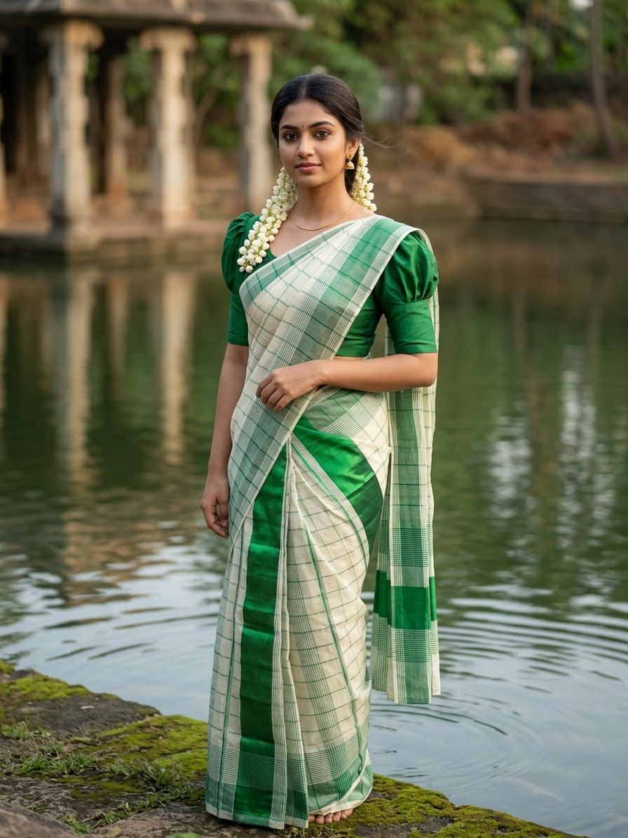 Southloom Kerala Cotton Set Mundu  (Mundum Neriyathum)  Green Kasavu Lines Across Body 2.80 Mtrs