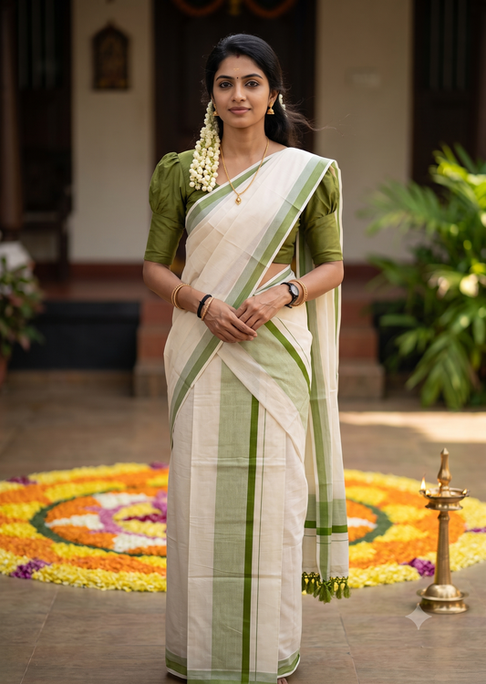 Southloom Kerala Cotton Mundum Neriyathum Single (Set Mundu) with Green Border 2.80 Mtrs