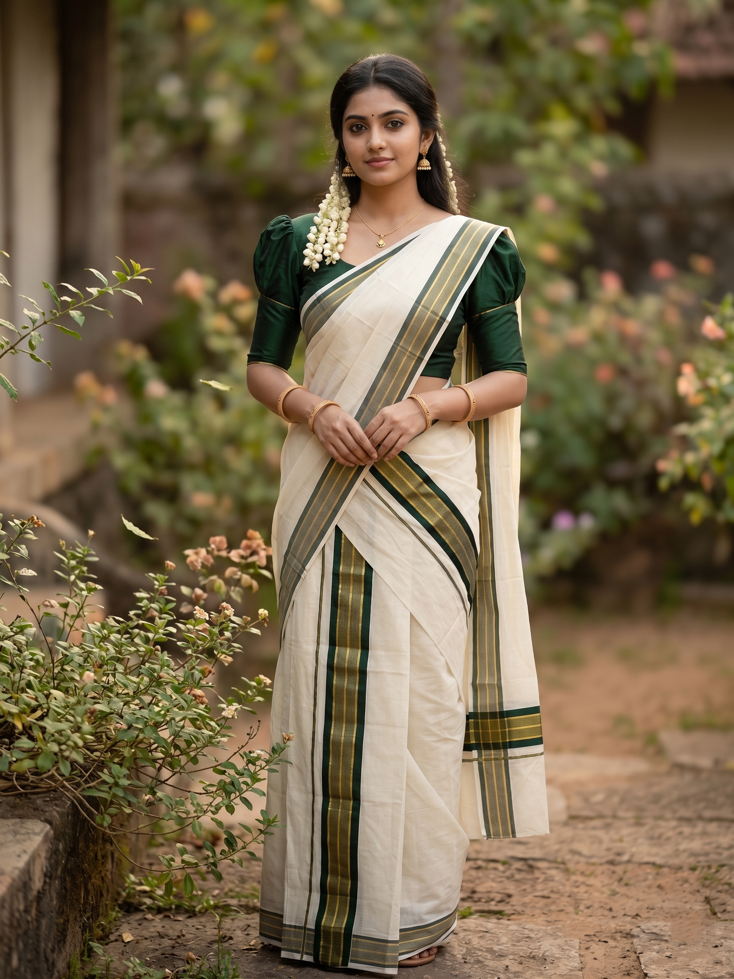 Southloom Kerala Cotton Kasavu Single Set Mundu (Mundum Neriyathum) with Green Kasavu Border SLKK