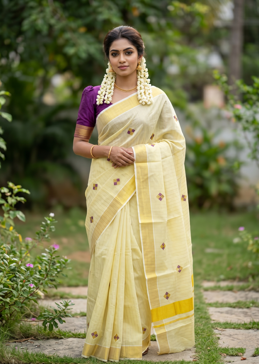 Southloom Kerala Tissue Kasavu Striped Saree with  Diagonal Woven Designs in Purple And Gold Body Work