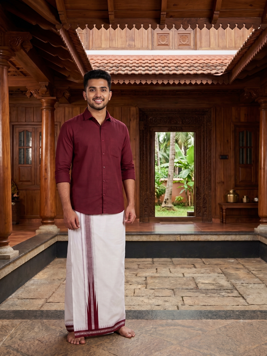 Southloom Maroon Chutti Kara Single Mundu / Lungi (South Indian Kerala Dhoti)