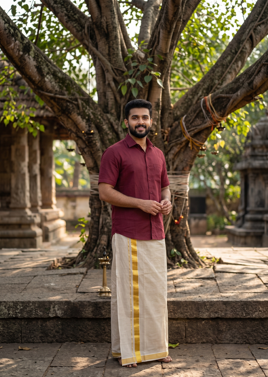 Southloom Kerala Tissue Double Mundu with Gold Kasavu Border (South Indian Dhoti) SL558