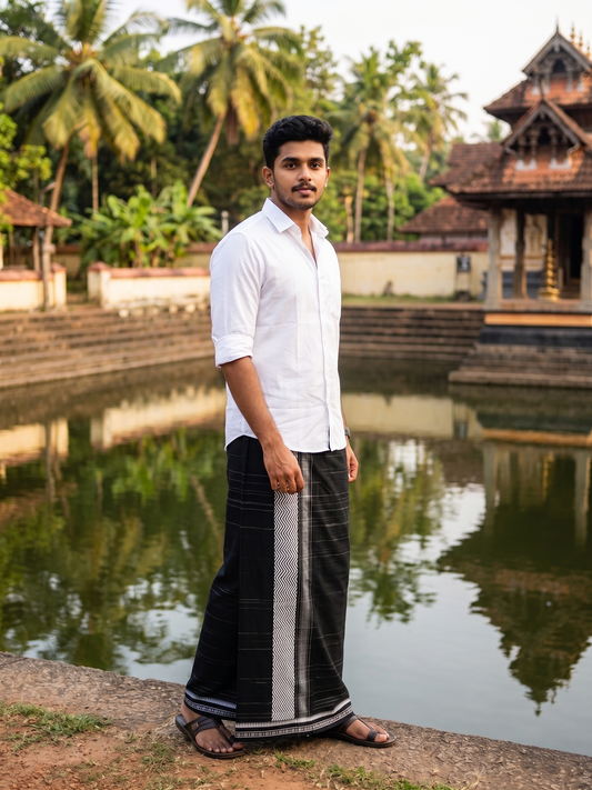Southloom Black Printed Single Mundu / Otta Mundu / Lungi (South Indian Kerala Dhoti)