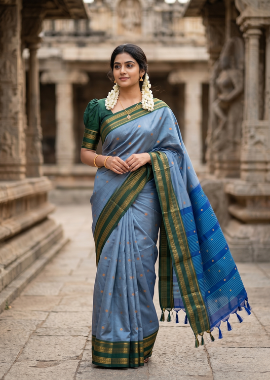 Southloom Semi Silk Narayan Pett Saree with Butta Works Across Body in Blue