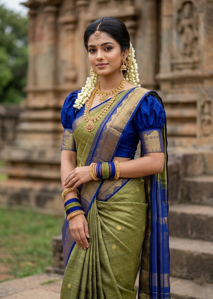 Southloom Premium Bridal Handloom Kanchipuram Silk Saree With Korvai Works (Green)