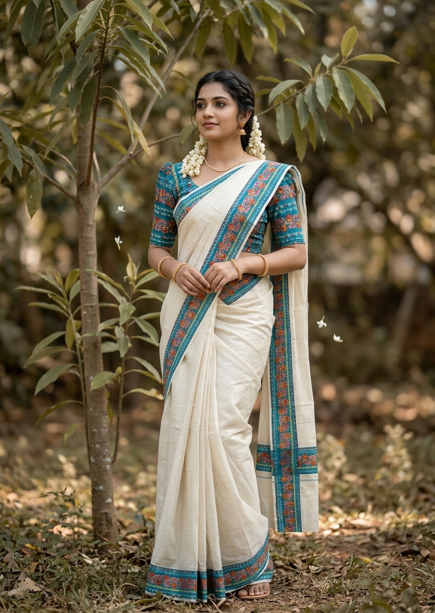 Southloom Kerala Tissue Kasavu Saree with Blue Floral Prints On Border