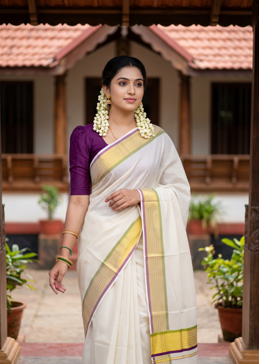 Southloom Kerala Cotton Kasavu Saree with Micro Check Design on Body in Purple & Olive Green Border SL450