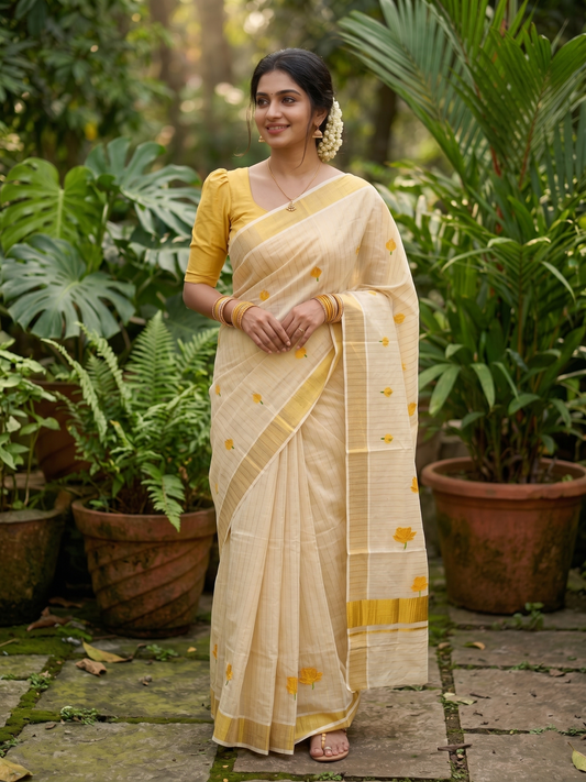 Southloom Kerala Tissue Kasavu Saree with Yellow Lotus Embroidery Design SL289