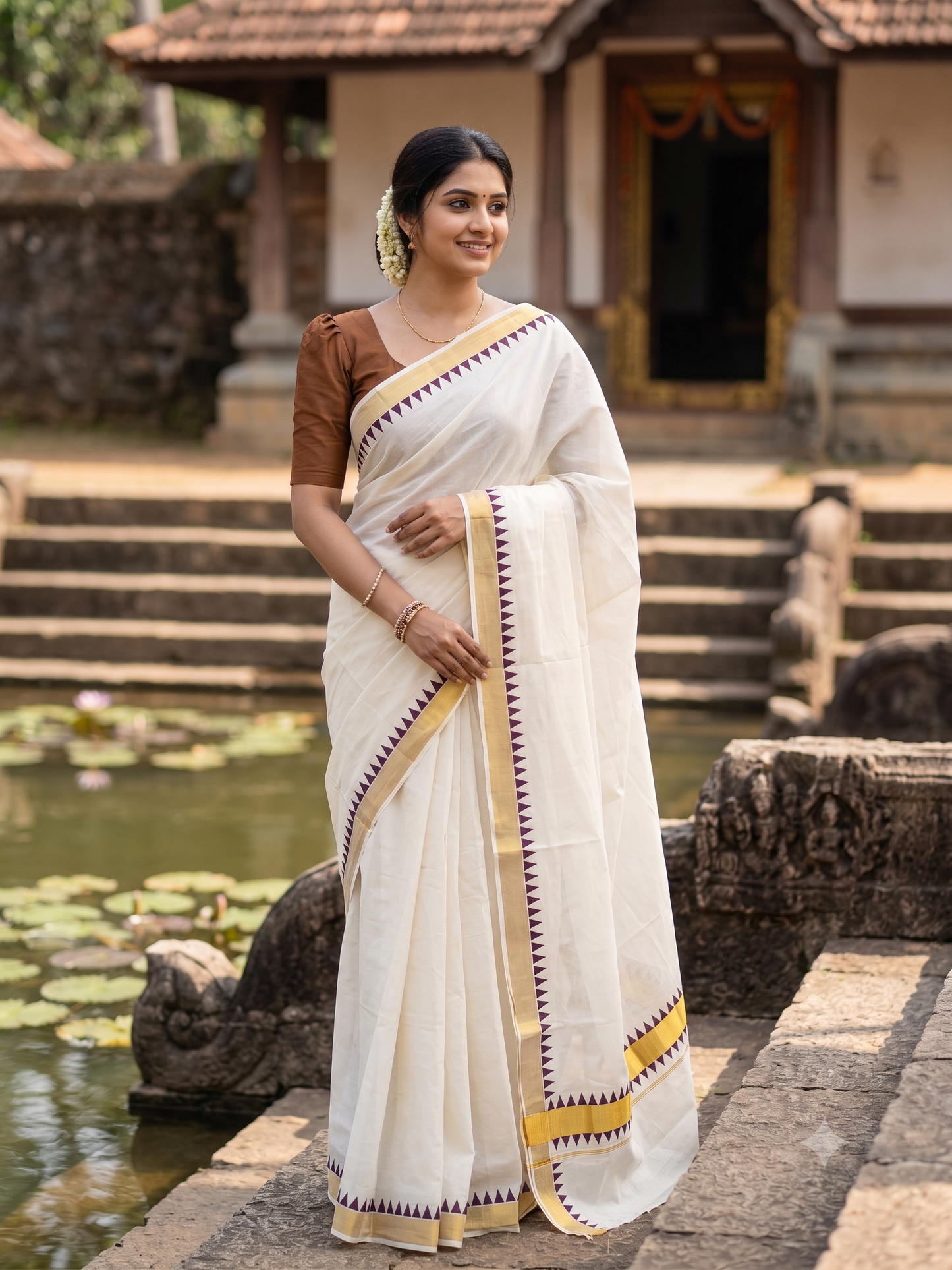 Southloom Cotton Kerala Kasavu Saree with Brown Temple Design Border