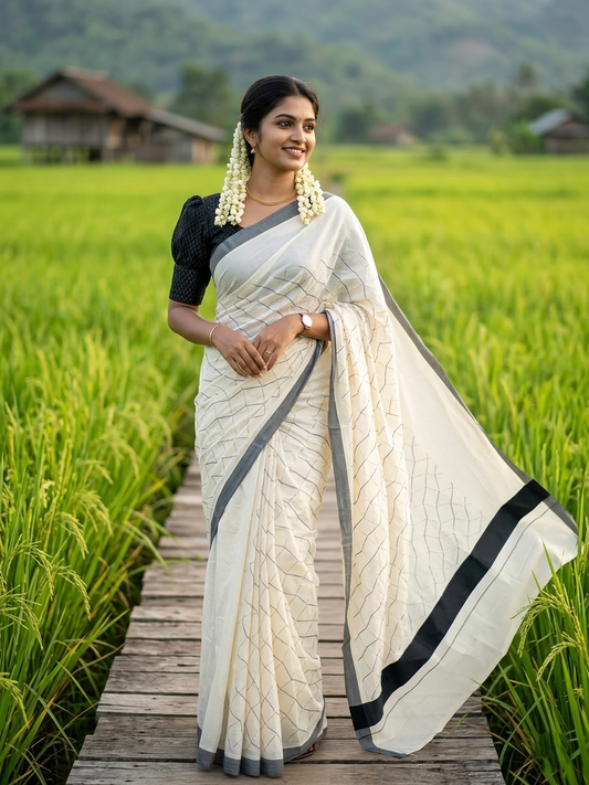 Southloom Cotton Kerala Kasavu Saree with Black and Golden Floral Designs
