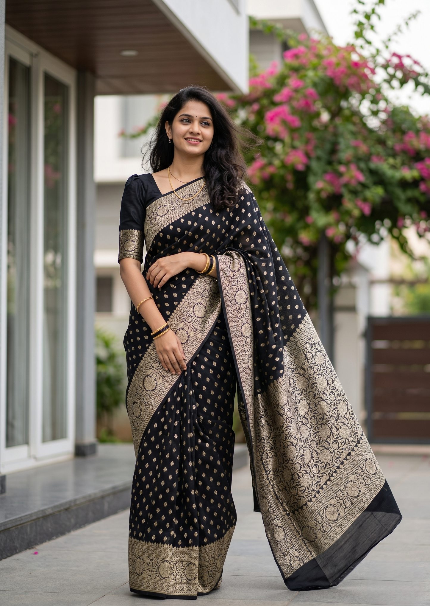 Southloom Cotton Banarasi Silk Saree with Woven Work on Body and Borders (Black)