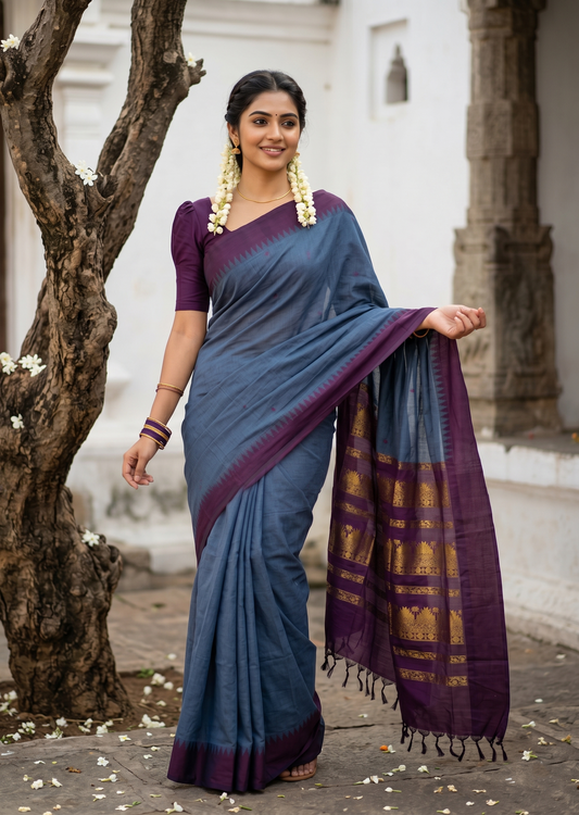 Southloom Kalyani Cotton Saree In Grey And Purple With Woven Work on the Body and Borders