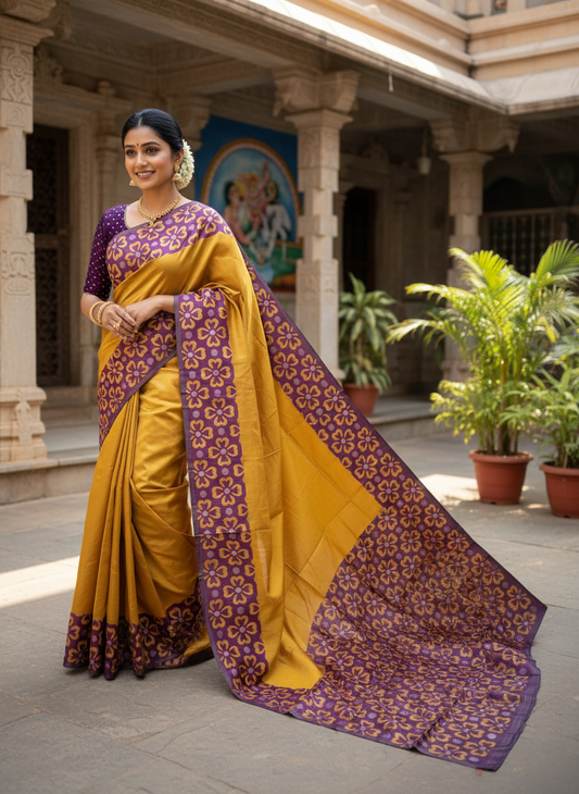 Southloom Kerala Designer Yellow Saree with Purple Border