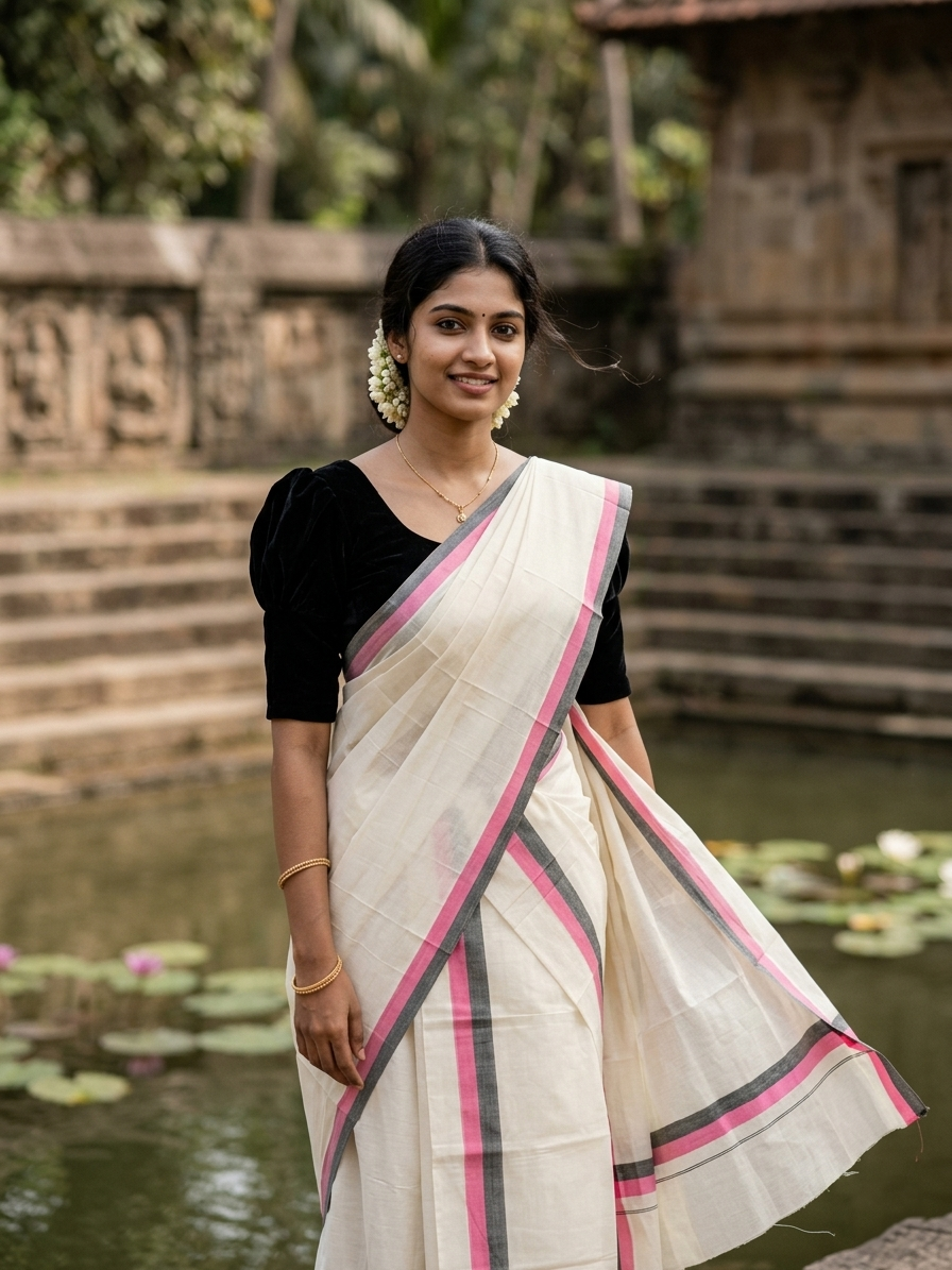 Southloom Pure Cotton Kerala Single Mulloth Set Mundu (Mundum Neriyathum) Pink And Black Border in 2.80 mtrs SL243