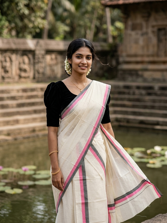 Southloom Pure Cotton Kerala Single Mulloth Set Mundu (Mundum Neriyathum) Pink And Black Border in 2.80 mtrs SL243