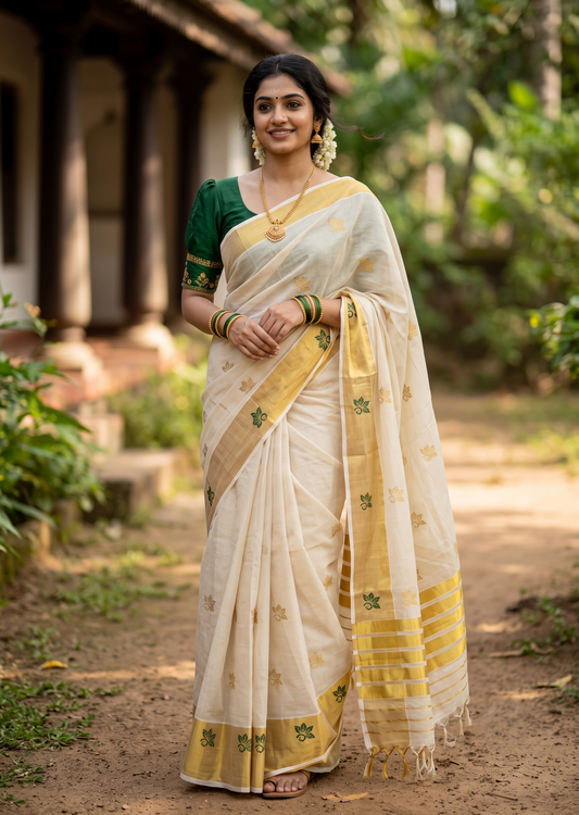 Southloom Super Premium Balaramapuram Handloom Cotton Saree With Golden Butta Works on Body